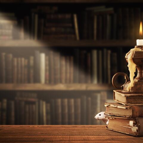 whimsical stack of books with candle melting on top and mouse peering out
