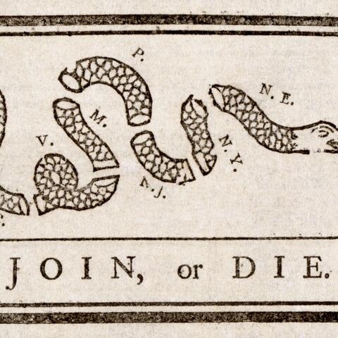 "Join or Die" cartoon by Benjamin Franklin