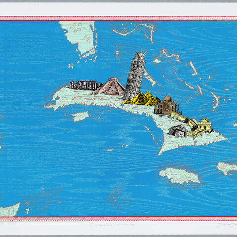 an island with symbols of 7 wonders of the world