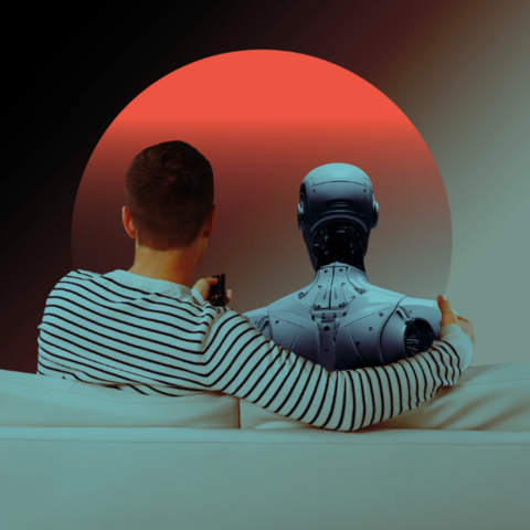 Seen from behind, a man seated on a loveseat with his arm affectionately wrapped around a robot friend. 