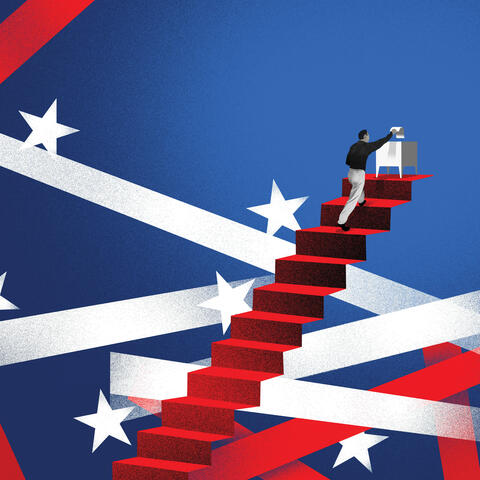 illustration of person walking up the stairs; blue background with red and white stars and stripes to represent voting in America
