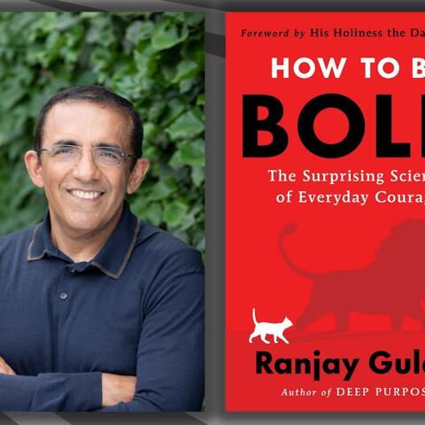 Professor Ranjay Gulati pictured next to an image of the cover of How to Be Bold