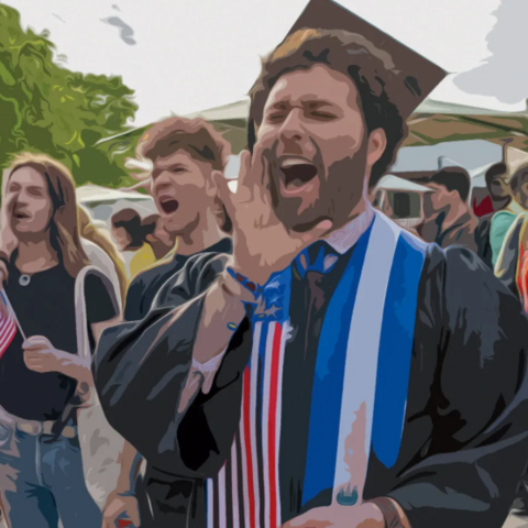 Illustration of student in regalia shouting/protesting