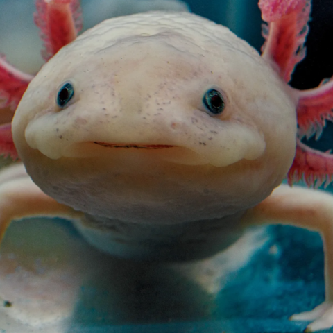 Frontal view of an axolotl salamander