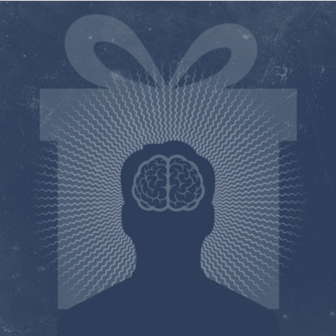 Illustration: Silhouette of human head with visible brain set against a gift package tied with a bow