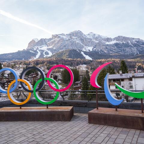Cortina d'Ampezzo mountains with Olympic rings in foreground
