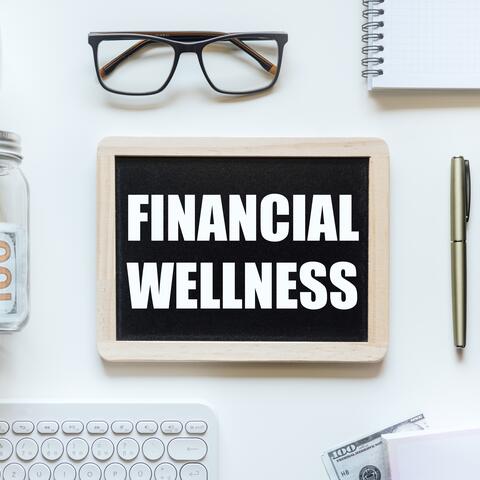 Financial Wellness written on a screen surrounded by glasses, a jar with money, a pen, notebook, and laptop keyboard.