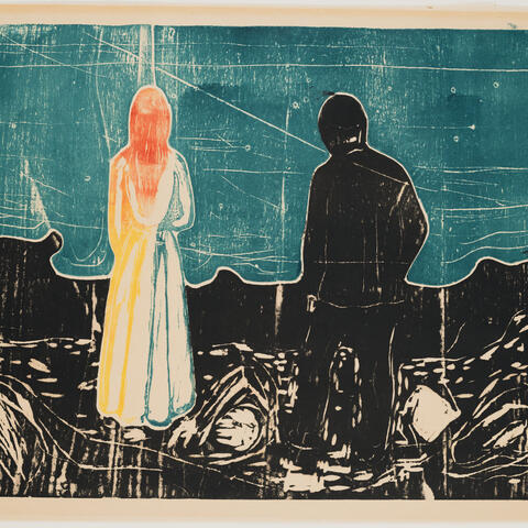 Munch painting of two figures, both looking away from us, one in white and one in complete shadow