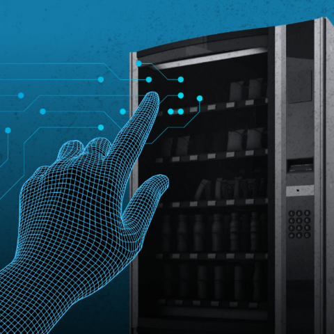 Illustration of digitized hand pressing what looks like a holographic circuit board