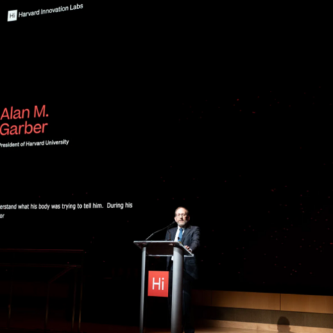 President Alan Garber on the Klarman Hall stage