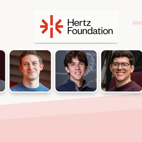 Banner photo of five Harvard Griffin GSAS Hertz Fellows with Hertz Foundation logo