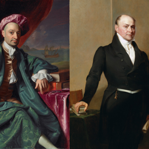 Side-by-side portraits: on the left, a man in a vibrant pink hat and teal robes; on the right, a man in a plain black suit.