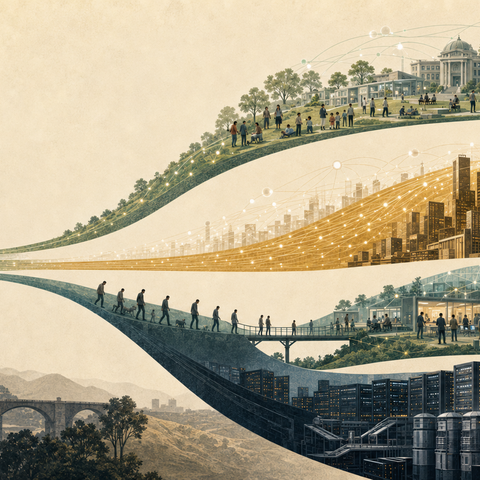 A conceptual illustration showing one technological “current” branching into four paths: broadly shared prosperity, unequal gains, temporary worker displacement, and concentrated wealth/permanent job loss.