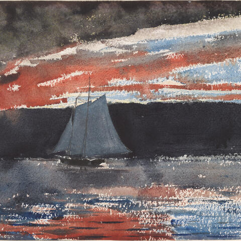 Winslow Homer watercolor painting of a schooner at sunset