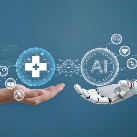hand holding a medical sign bubble next to a robot hand holding an AI bubble