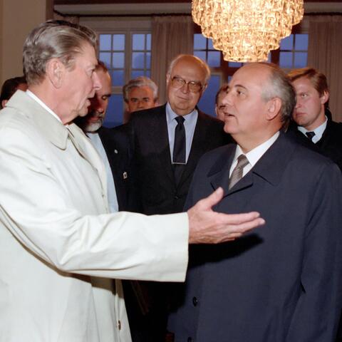 President Ronal Reagan speaking to Soviet General Secretary Gorbachev