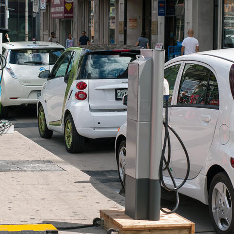From left to right: Nissan Leaf, Smart ED and Mitsubishi i MiEV electric cars at Plug'n Drive's EV Day in Toronto