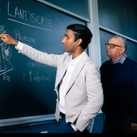 MD/PhD student Vaibhav Mohanty, at left, with Eugene Shakhnovich, Roy G. Gordon Professor of Chemistry, illustrate their fitness landscape design.