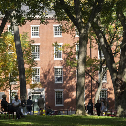 shot of campus in the fall; brick buildings with trees and students walking around