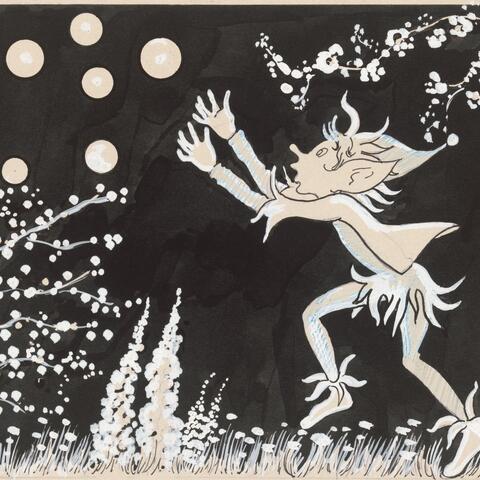 elf chasing bubbles in a wintery landscape
