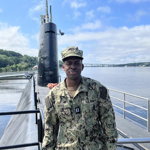 Jones in uniform on Naval Submarine Base New London