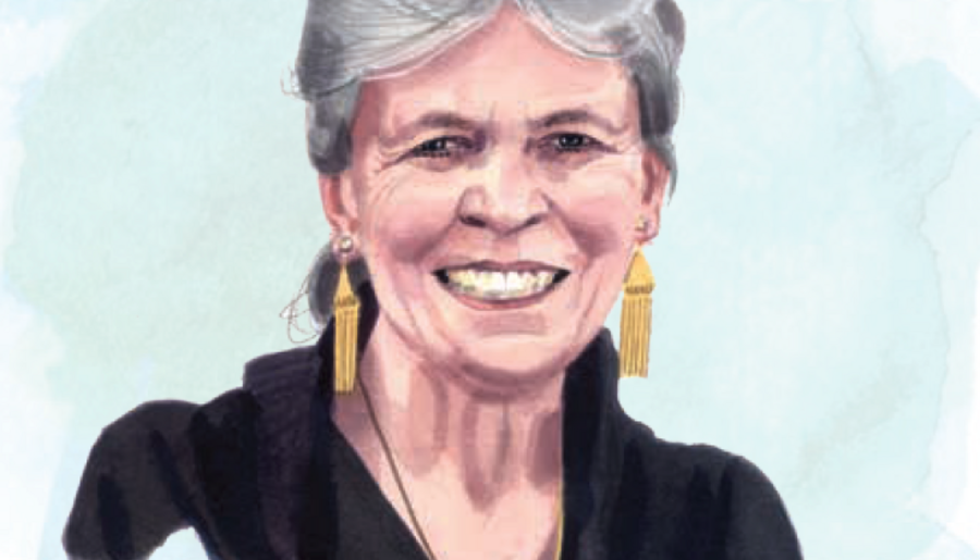 Illustration of Joan Steitz with blue painted background