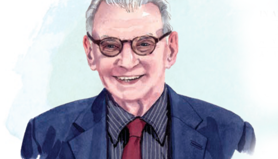 Illustration of Martin Duberman with blue painted background