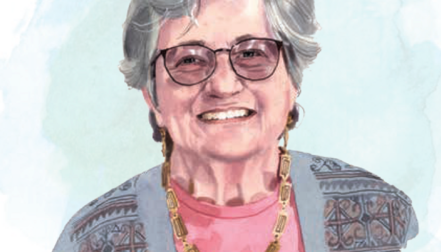 Illustration of Myra Marx Ferree with blue painted background