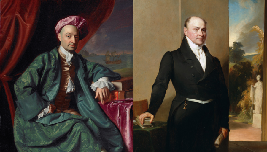 Side-by-side portraits: on the left, a man in a vibrant pink hat and teal robes; on the right, a man in a plain black suit.
