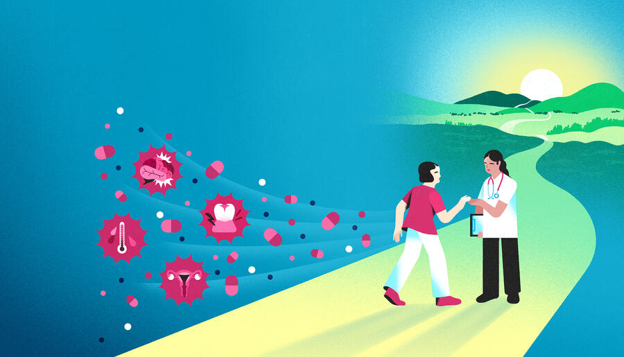 illustration of different health symbols in red bubbles floating around a women and her doctor walking on a yellow road leading to sunshine