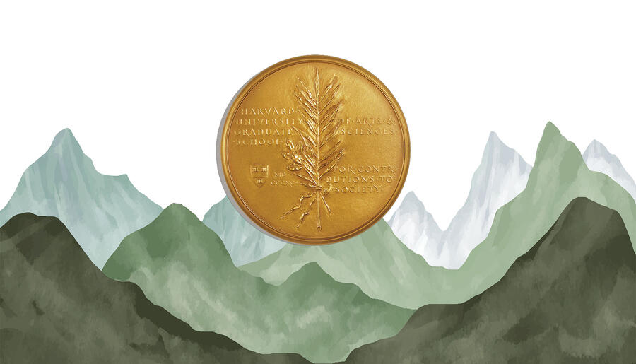 green watercolors in shape of mountains with Centennial Medal emblem over it
