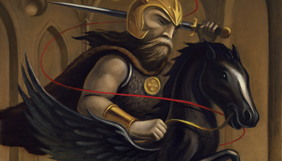 A warrior on a winged horse springs from a book written by a medieval monk