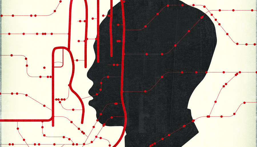 Illustration of digital hand superimposed over an outline of a face.