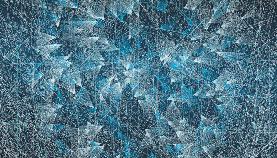 An abstract design in which seemingly random straight lines coalesce into sharp triangles, all pointing inward.