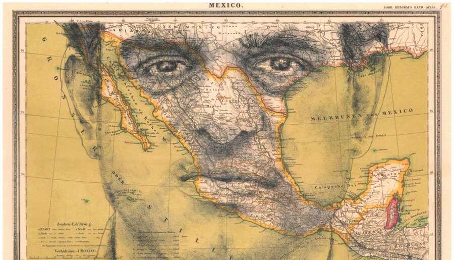 A 19th century map of Mexico, superimposed over Emilio Kouri's face
