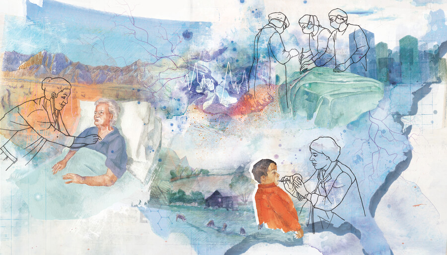 Illustration showing doctors caring for elderly and young patients, and performing surgery