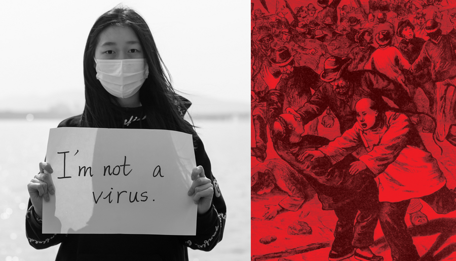 Woman holding sign that says "I am not a virus" next to red war illustration