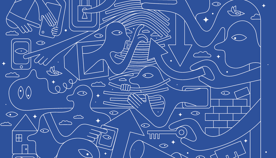 Line drawing of people, locks, and telescopes