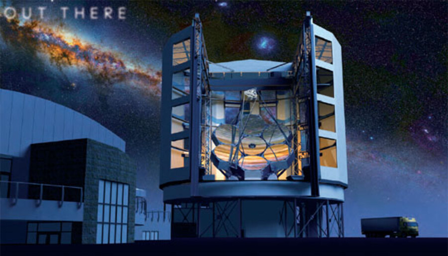 Modern telescope with the Milky Way in the background, with the words Out There overlaid.