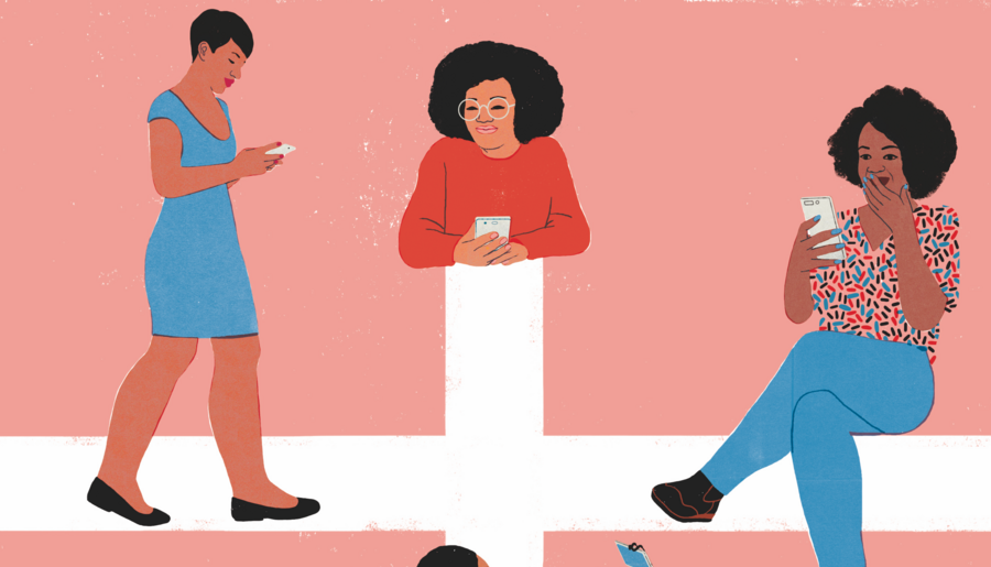 Four women of color at different ends of a cross use smart phones