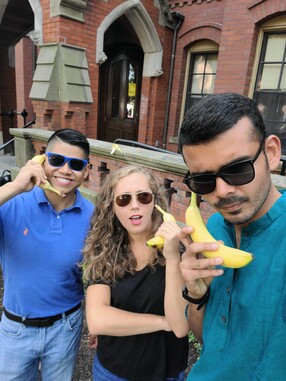 Resident Advisor Yash Rana (at right with banana), hanging out with his fellow RAs