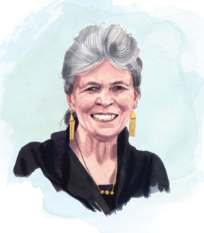 Illustration of Joan Steitz with blue painted background