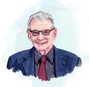 Illustration of Martin Duberman with blue painted background