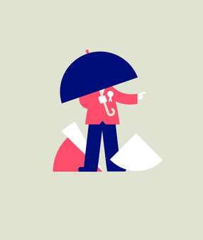 A figure whose face is obscured by an umbrella points the way, but is surrounded by pieces of pie charts.