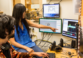 Doris Tsao gestures toward a computer screen